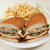Fried Chicken Sandwich  · Crispy chicken breast with Swiss, cabbage, kale, creamy Ranch, coleslaw, and chipotle aioli ...
