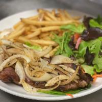 Steak Plate · 6 Oz New York Strip Steak, Topped with Caramelized Mushrooms & Onions, Served with House Sal...