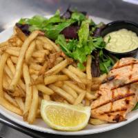 Citrus Salmon Filet Plate · Lemon Dill Aioli & Served with House Salad and French Fries