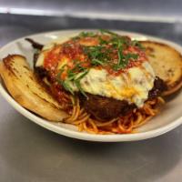 Chicken Parmigiana · Breaded Chicken Breast with Melted Mozzarella Served Over Spaghettini with Marinara Sauce  S...
