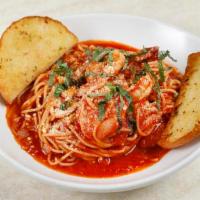 Spaghetti with Prawns  · Sauteed prawns, onions, roasted garlic, marinara sauce, fresh basil, and Parmesan. Served wi...