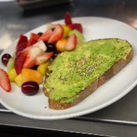 Avocado Toast · Sliced Avocado on a Thick Slice of Country Bread, Topped with Everything Bagel Seasoning, Se...
