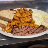 Steak & Eggs · Sliced filet of beef and 2 eggs. Served with rosemary garlic potatoes and choice of toast.  