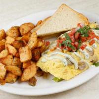 Nor-Cal Omelette · Three Eggs, Chicken Apple Sausage, Sun-Dried Tomatoes, Broccoli, Avocado, Mushrooms & Pepper...