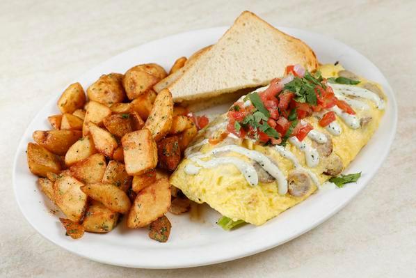 Nor-Cal Omelette · Three Eggs, Chicken Apple Sausage, Sun-Dried Tomatoes, Broccoli, Avocado, Mushrooms & Pepper Jack, Topped With Salsa Fresca & Jalapeño Sour Cream

Served with choice of  Toast & Side