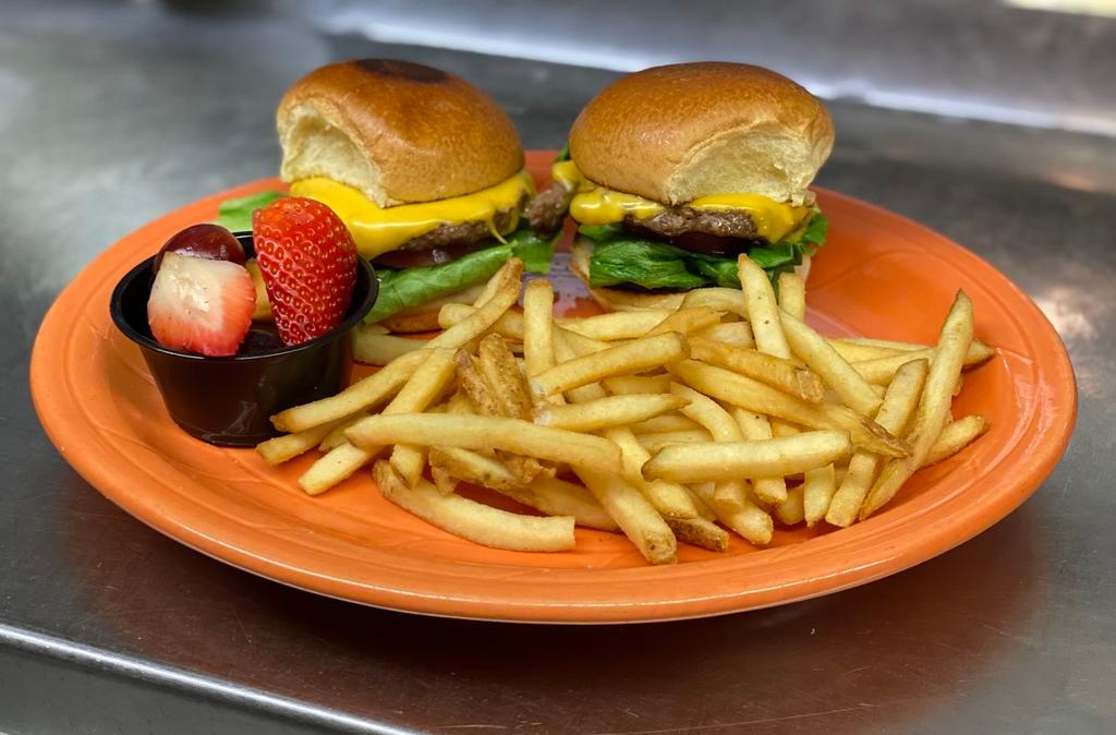 Kids- Mini Cheeseburgers · American Cheese, Lettuce, Tomato, French Fries & Fruit
Included Choice of Kids Drink