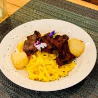 Tallarines a la huancaina con bistec (Skirt steak) · fettuccine served with our creamy huancaina sauce made out of peruvian yellow pepper and che...