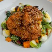 Honey Pecan Chicken Salad · Spring mix, roasted butternut squash, apples, craisins, and hard-boiled egg tossed in green ...