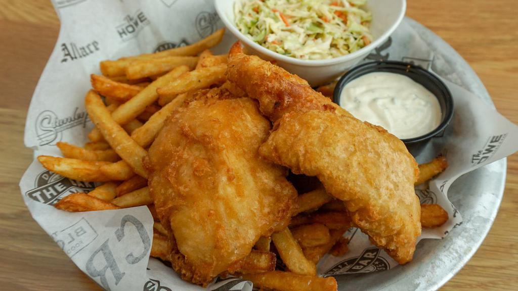 Fish & Chips · Grainbelt Nordeast battered walleye, fries. and coleslaw. Served with tartar sauce and fresh lemon