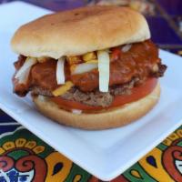 Chili Burger · 100% beef patty, served on a grilled bun with mayo, lettuce, tomato,  ketchup, mustard, and ...