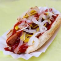 Cheese Dog · 100% beef dog with a slice of American cheese, served on a grilled bun with mustard, ketchup...
