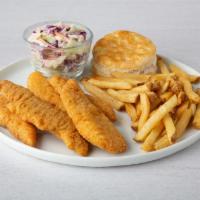 Chicken Tenders and Fries · Golden-fried chicken tenders served with French fries.