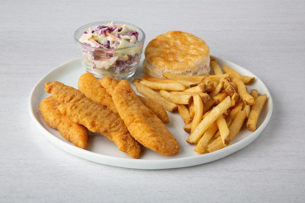 Chicken Tenders and Fries · Golden-fried chicken tenders served with French fries.