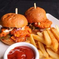 Chicken Tender Sliders · Breaded Chicken Breast, House Slaw, and Pickles, Choice of Spicy Buffalo or BBQ Sauce, Side ...
