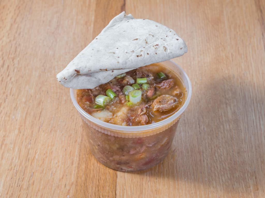 Green Chile Stew · Tender pork, autumn roasted green chile, baby red potatoes, tomato, onion. Served with a warm flour tortilla. Gluten free option available.