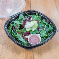 Cranberry Apple Spinach Salad · Baby spinach, feta, dried cranberry, Granny Smith apple, chipotle candied pecans, cranberry ...