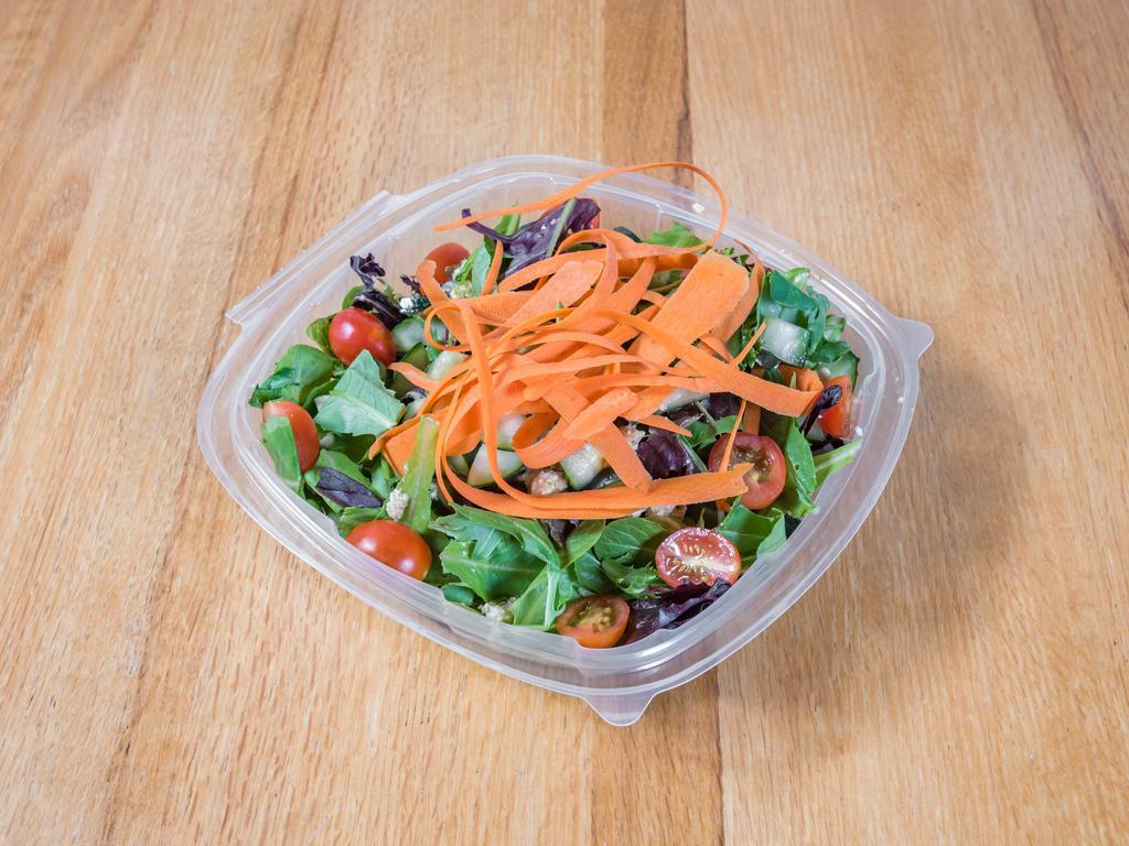 House Salad · Mixed greens, red onion, shaved carrot, cucumber. Your choice of dressing.