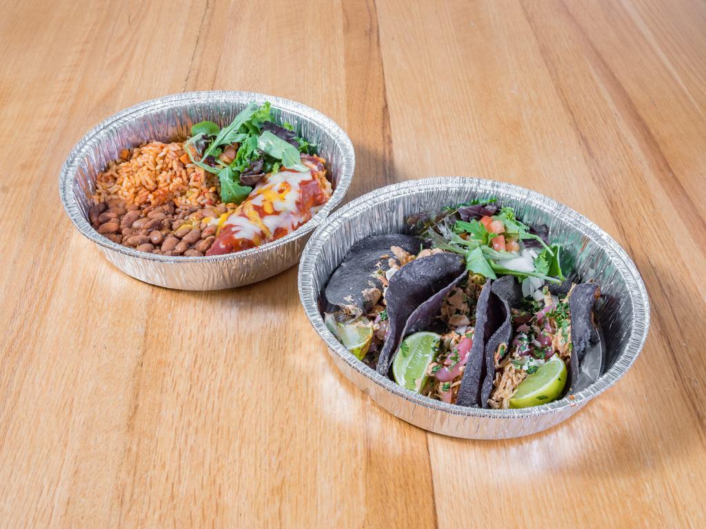 Chile Rellenos & Blue Corn Taco Platter · Braised short rib chile relleno and three blue corn tacos with your choice of meat or calabacitas. Served with rice and pinto beans. Choice of green chile or red chile sauce.