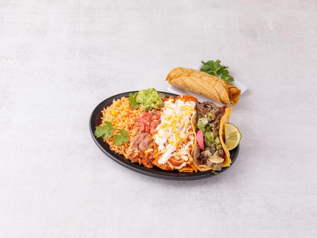 Combination Platter · One Taco, One Enchilada, Black or Pinto Beans, Spanish Rice, Mexican Crema, Guacamole and Pico de gallo. You can sub out a Taco or Enchilada for a Tamal or Chile Relleno!