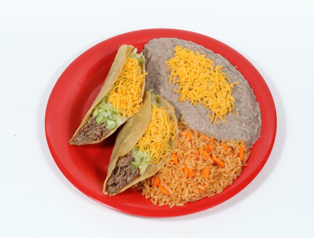 #2. Two Beef Tacos Combo · Two crispy tacos choice of beef, shredded or ground beef (lettuce and cheese). Rice and beans with cheese on the side.
