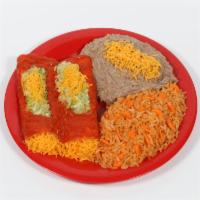 #3. Two Enchildas Combination · Beef, chicken, ground beef or cheese. Served with rice and beans with cheese.