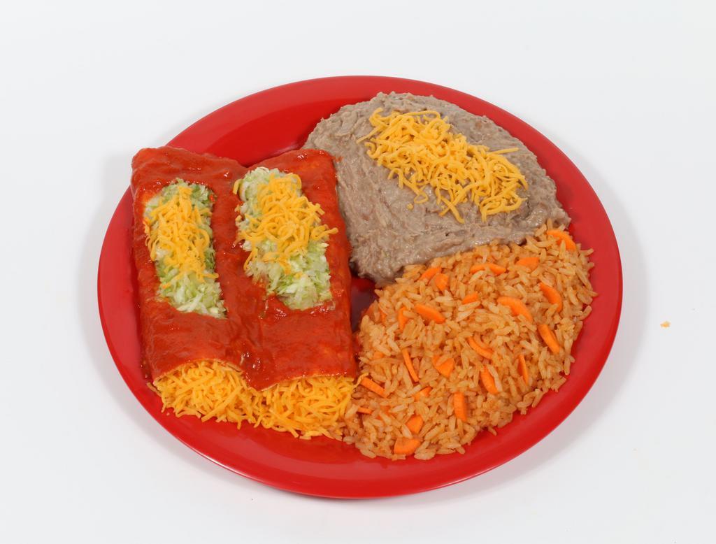 #3. Two Enchildas Combination · Beef, chicken, ground beef or cheese. Served with rice and beans with cheese.