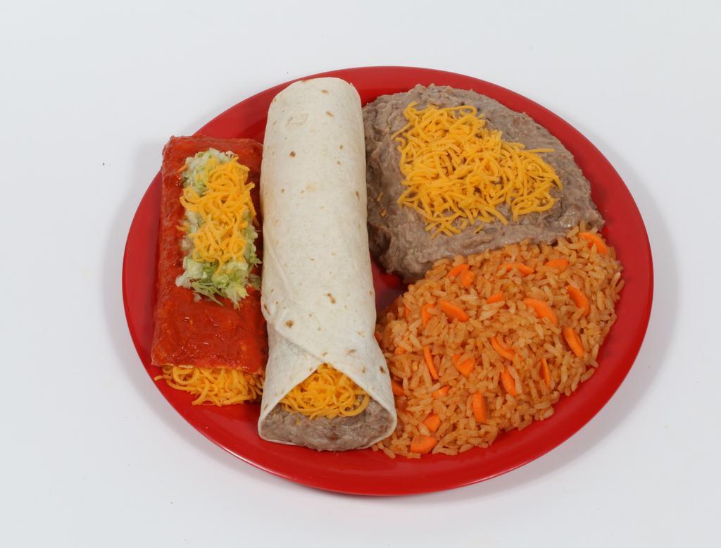 #6. Bean Burrito and Enchilada Combination · 1 Bean and cheese burrito. 1 enchilada choice of shredded beef (cooked with bell pepper, onion and tomato), shredded chicken (cooked with tomato), ground beef or cheese enchilada (lettuce and cheese on top. Rice and beans with cheese on the side.