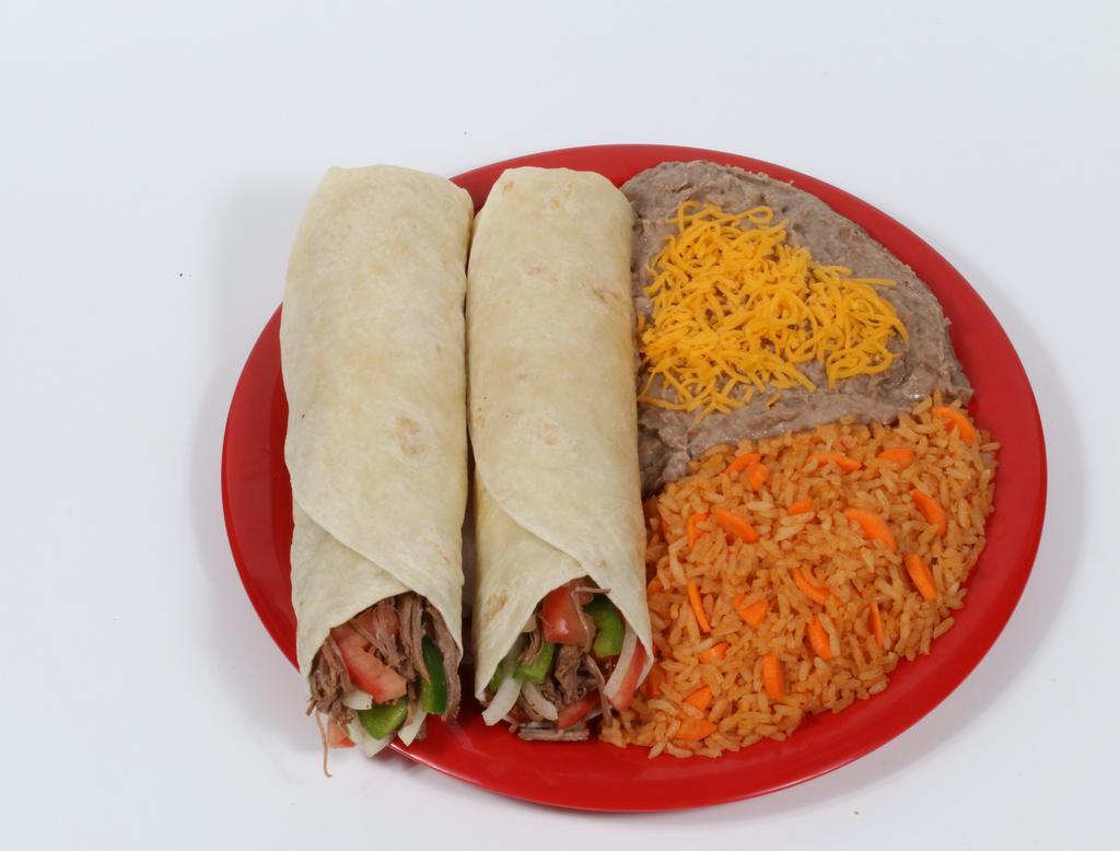 #7. Two Shredded Beef Burritos Combination · Two Shredded Beef burritos (beef cooked with Bell Pepper, tomato and Onion). Rice and beans with cheese on the side.