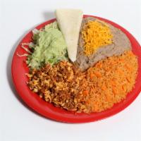 #10. Chorizo Plate Combination · Pork Chorizo with egg, pico de gallo, lettuce, guacamole. Rice and beans with cheese on the ...