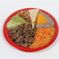#11. Asada Plate Combination · Steak meat, pico de gallo, guacamole and lettuce. Rice and beans with cheese on the side. Co...