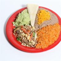 #12. Machaca Plate Combination · Shredded Beef, Bell Peper, Onion and Egg, Lettuce, Pico De Gallo, Guacamole. Rice and beans ...