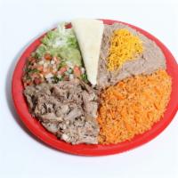 #13. Carnitas Plate · Shredded Pork, Lettuce, Pico De Gallo and Guacamole. Rice and Beans with cheese on the side....
