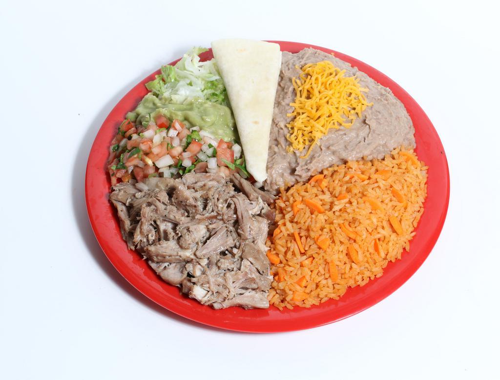 #13. Carnitas Plate · Shredded Pork, Lettuce, Pico De Gallo and Guacamole. Rice and Beans with cheese on the side. Comes with tortillas.
