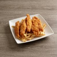 Chicken Tenders · Chicken tenders battered and fried, served with french fries and choice of sauce.