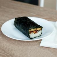 Fried Ota Tofu Musubi · Wrapped in a sheet of nori with a layer of rice, sesame seeds, fried crispy onions, and a sw...