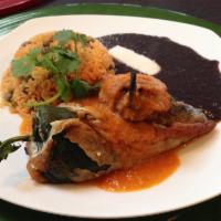 Chiles Rellenos Plato · Stuffed peppers, with choice of beef or chicken.