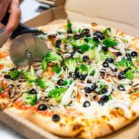 6. Veggie Pizza · Fresh spinach, broccoli, green peppers, onion, black olives, mushrooms, tomatoes. Vegetarian.