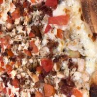 Chicken Bacon Ranch Tomato Pizza · Ranch sauce, grilled chicken, smoky bacon, diced tomatoes topped with 100% mozzarella cheese.