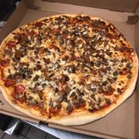 7. Meat Lovers Pizza · Grilled chicken, Italian sweet sausage, hot sausage, homemade meatball, pepperoni.