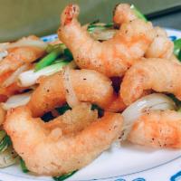 Salt and Pepper Shrimp · Hot and spicy. Large deep-fried prawns tossed with jalapenos, onions, green onions and savor...