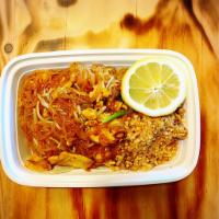 Pad Thai Chicken · (Most famous noodle dish in Thailand). Gourmet Thai rice noodles sauteed with chicken, bean ...