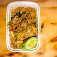 Green Curry Fried Rice Chicken · Fried rice with chicken, egg, bamboo shoots, bell pepper, onion, basil leaves, peas, and car...