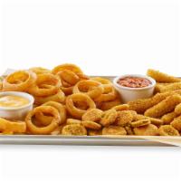 Party Sampler · Mozzarella sticks, roasted garlic mushrooms and onion rings. Served with marinara and southw...