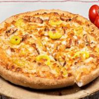 Buffalo Ranch Chicken Pizza · Sarpino's traditional pan pizza baked to perfection and topped with Ranch and Buffalo-style ...