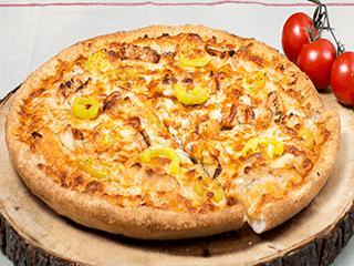 Buffalo Ranch Chicken Pizza · Top seller. Ranch and buffalo-style hot sauce base, grilled chicken strips, Parmesan cheese, banana peppers, and our signature gourmet cheese blend.