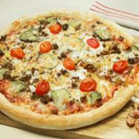Bacon Cheeseburger Pizza · Crispy bacon, lean ground beef, fresh onions, juicy pickles, ripe tomatoes, melty cheddar, a...
