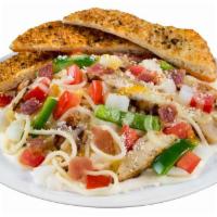 Chicken Alfredo · Grilled chicken strips and spaghetti smothered in creamy alfredo and topped with fresh tomat...