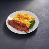 Bacon and Two Eggs · With hashbrowns and toast or pancakes.