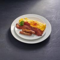 No Carb Mixed Grill · Two egg Millamook cheddar omelette with two sausage links and two strips of bacon.