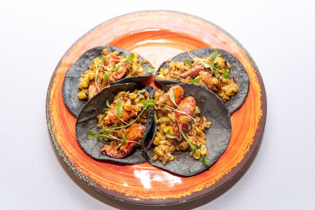 Maine Lobster Tacos (3pcs) · local mexican corn, epazote, roasted chili oil, fresh herbs